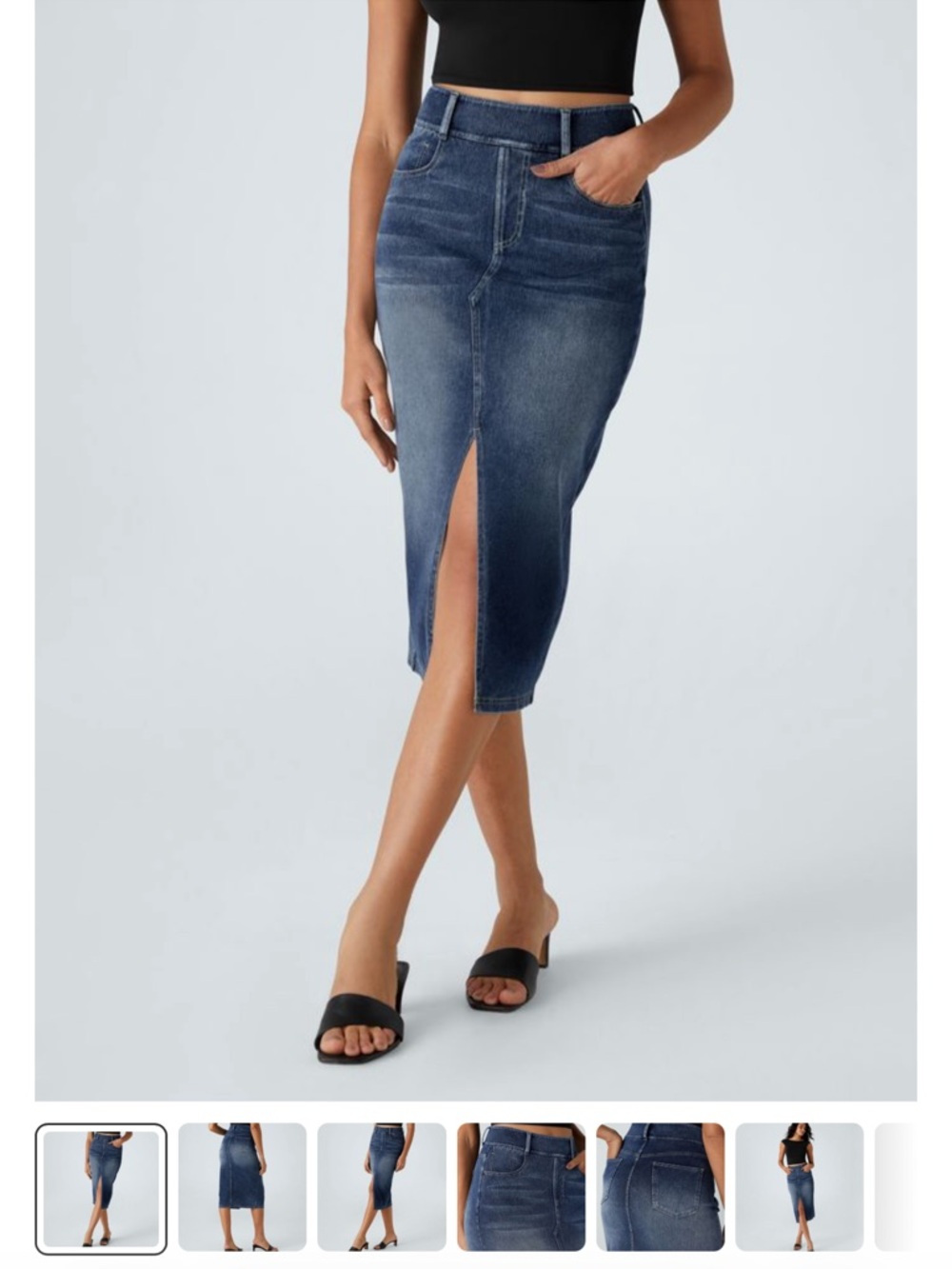 HALARA Dark Blue Denim Midi Skirt with Front Slit
